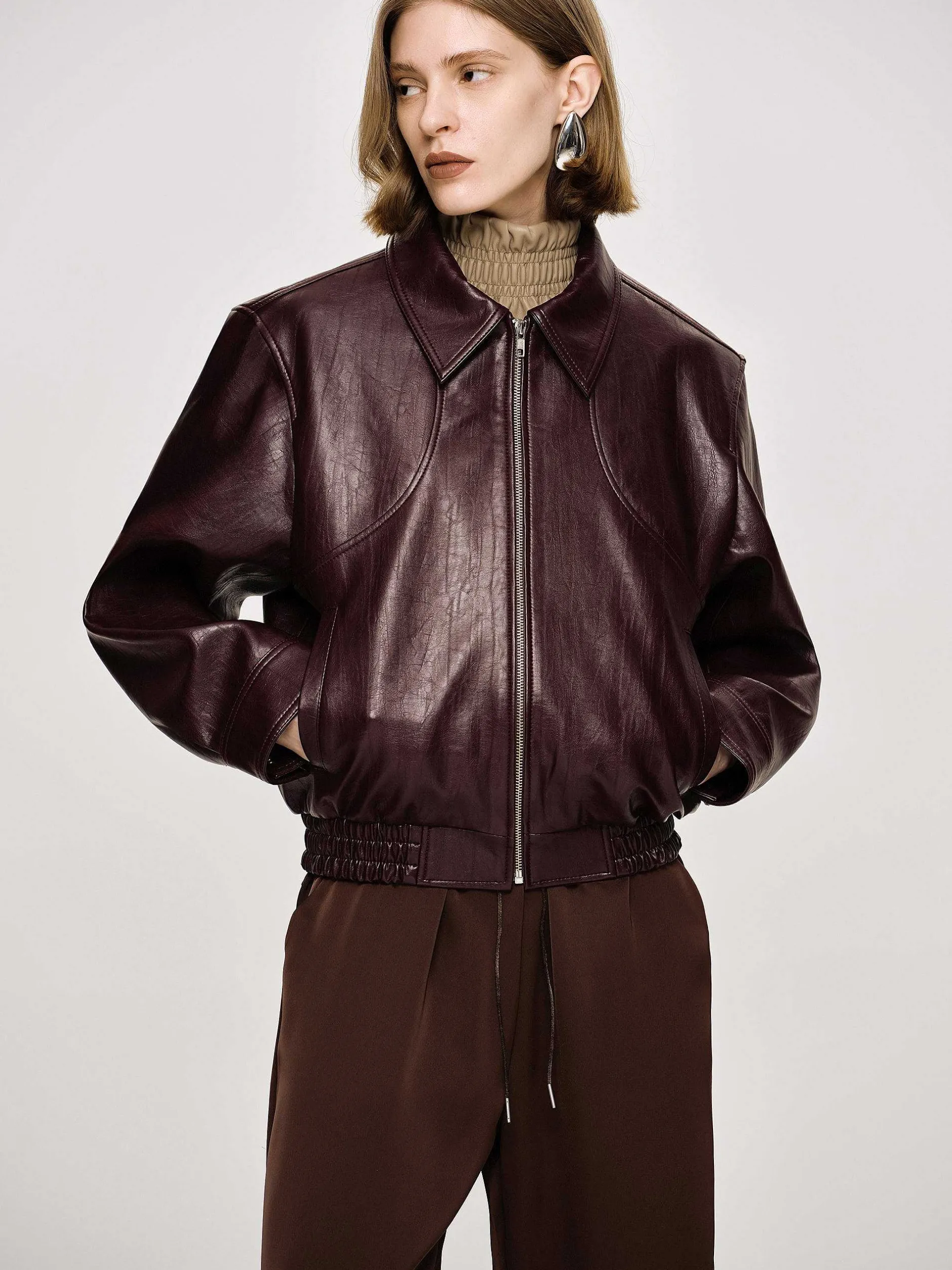 Accessories-Source Unknown Ennio Faux-Leather Bomber Jacket, Mahogany