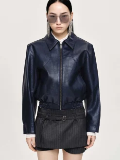 Accessories-Source Unknown Ennio Faux-Leather Bomber Jacket, Navy