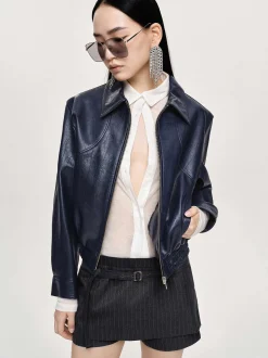 Accessories-Source Unknown Ennio Faux-Leather Bomber Jacket, Navy