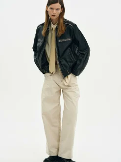 Outerwear-Source Unknown Faded Leather Jacket, Black