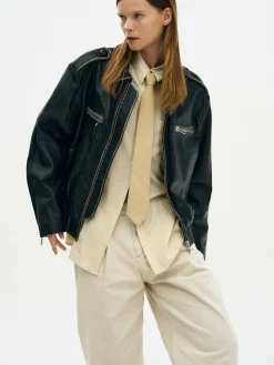 Outerwear-Source Unknown Faded Leather Jacket, Black