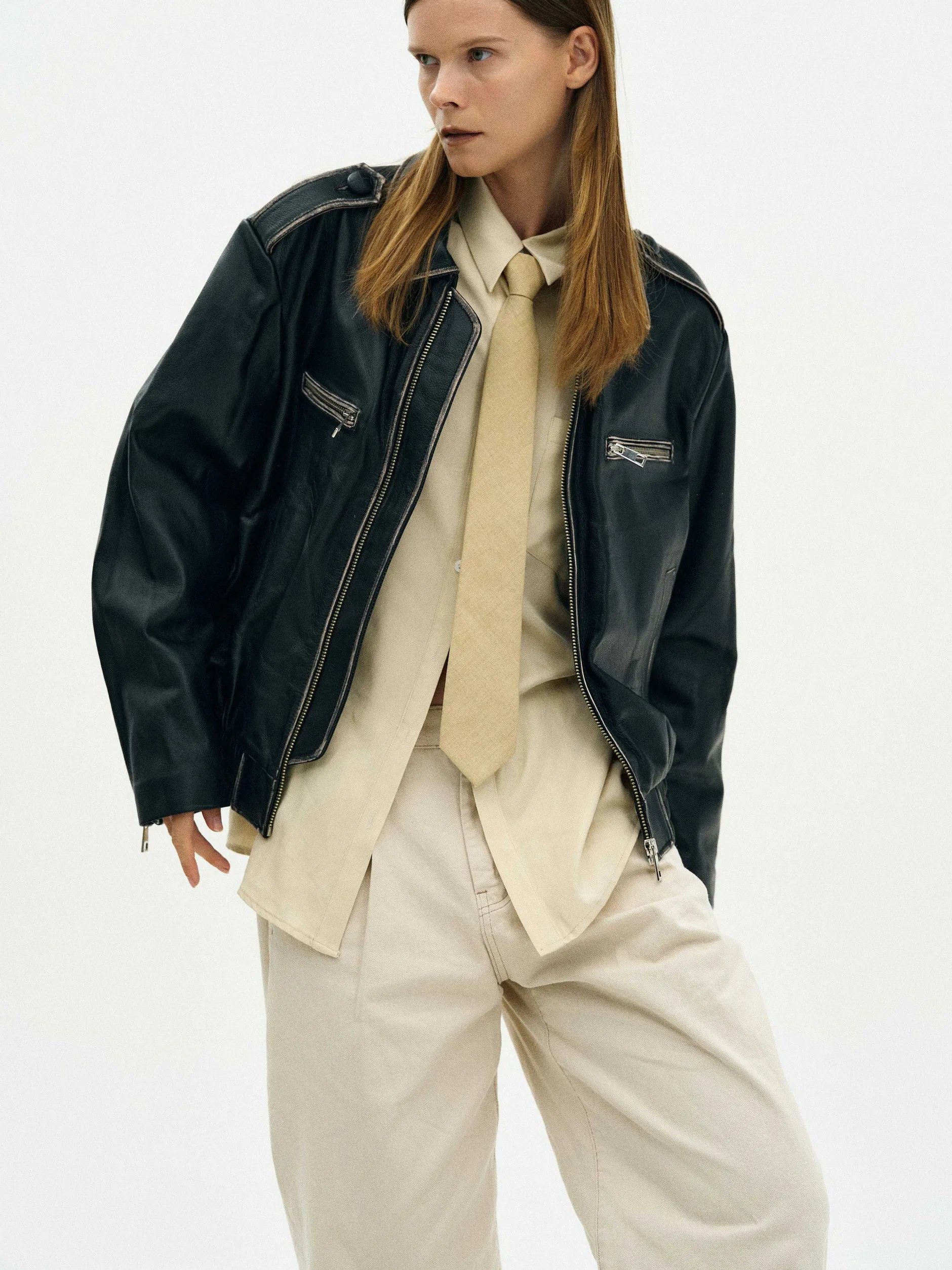 Outerwear-Source Unknown Faded Leather Jacket, Black