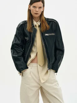 Outerwear-Source Unknown Faded Leather Jacket, Black