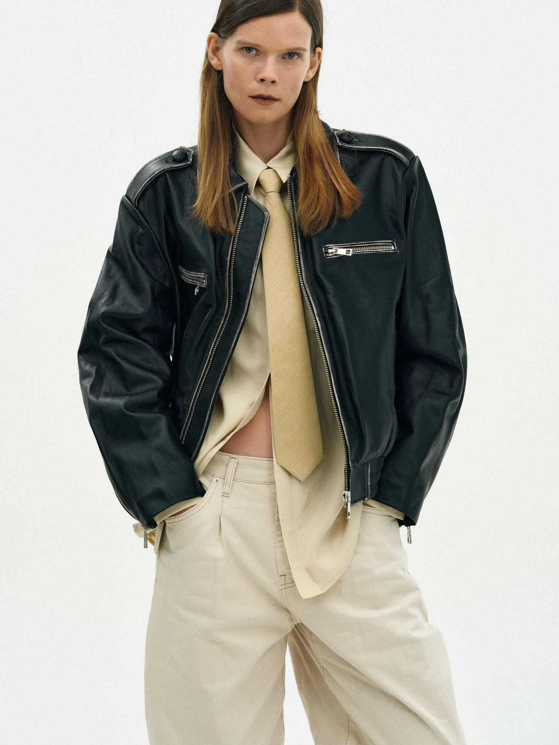 Outerwear-Source Unknown Faded Leather Jacket, Black
