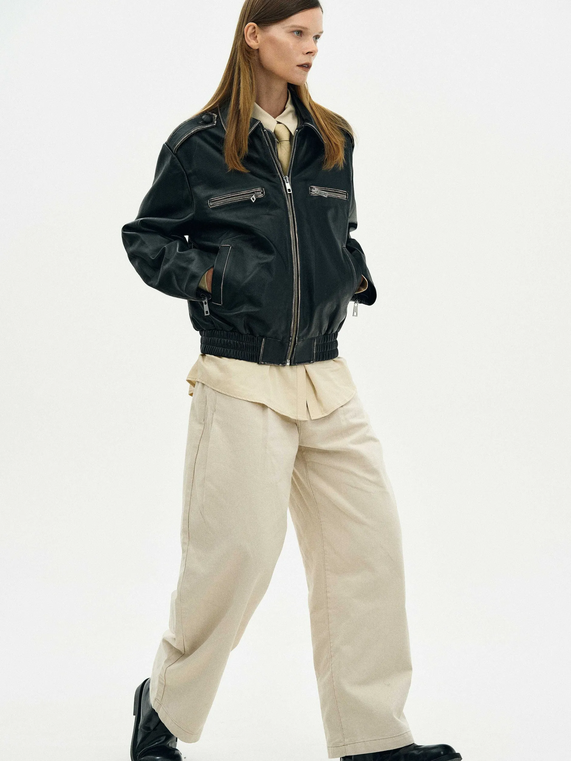 Outerwear-Source Unknown Faded Leather Jacket, Black