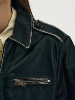 Outerwear-Source Unknown Faded Leather Jacket, Black
