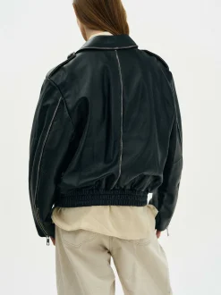 Outerwear-Source Unknown Faded Leather Jacket, Black