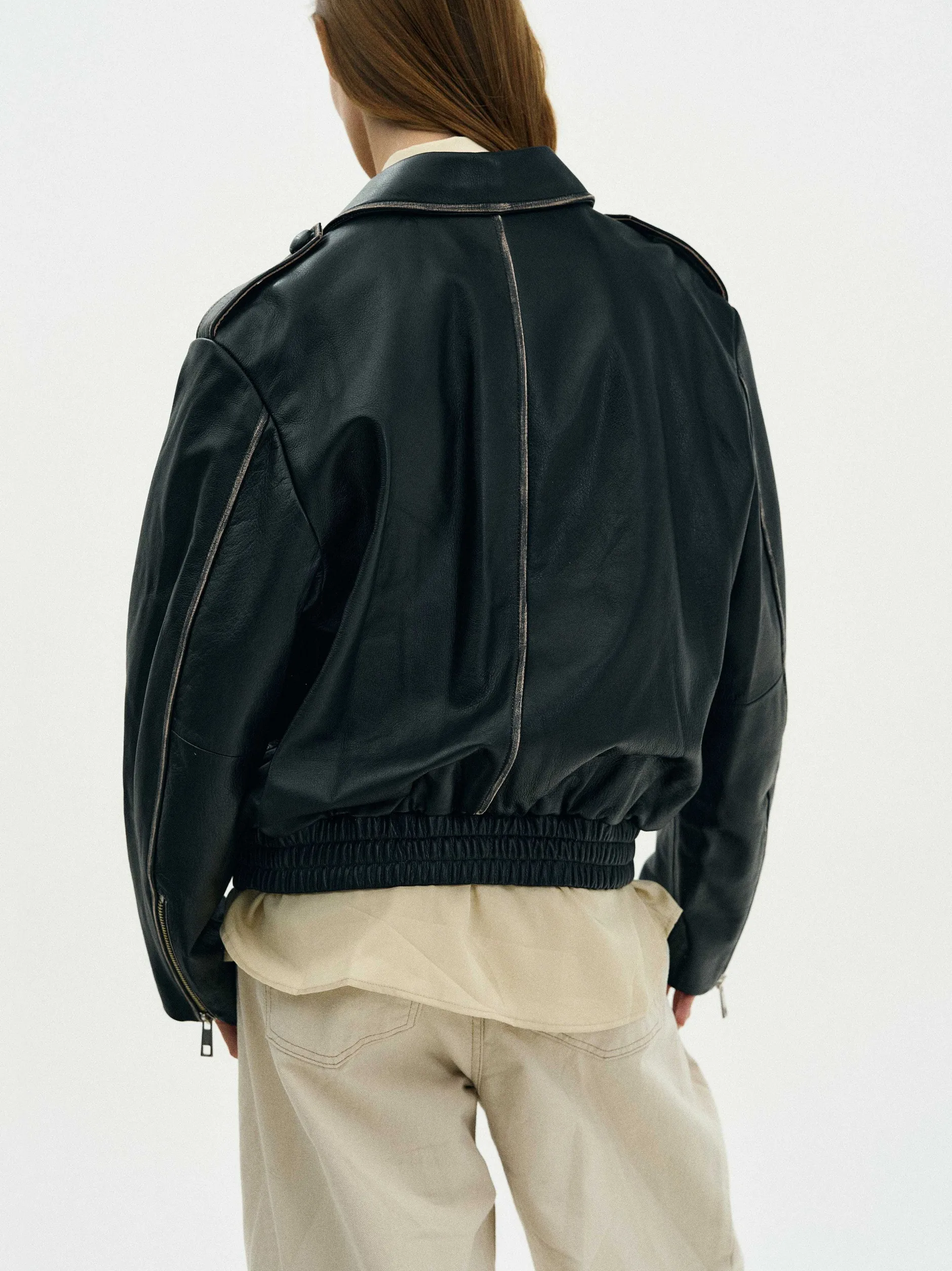 Outerwear-Source Unknown Faded Leather Jacket, Black