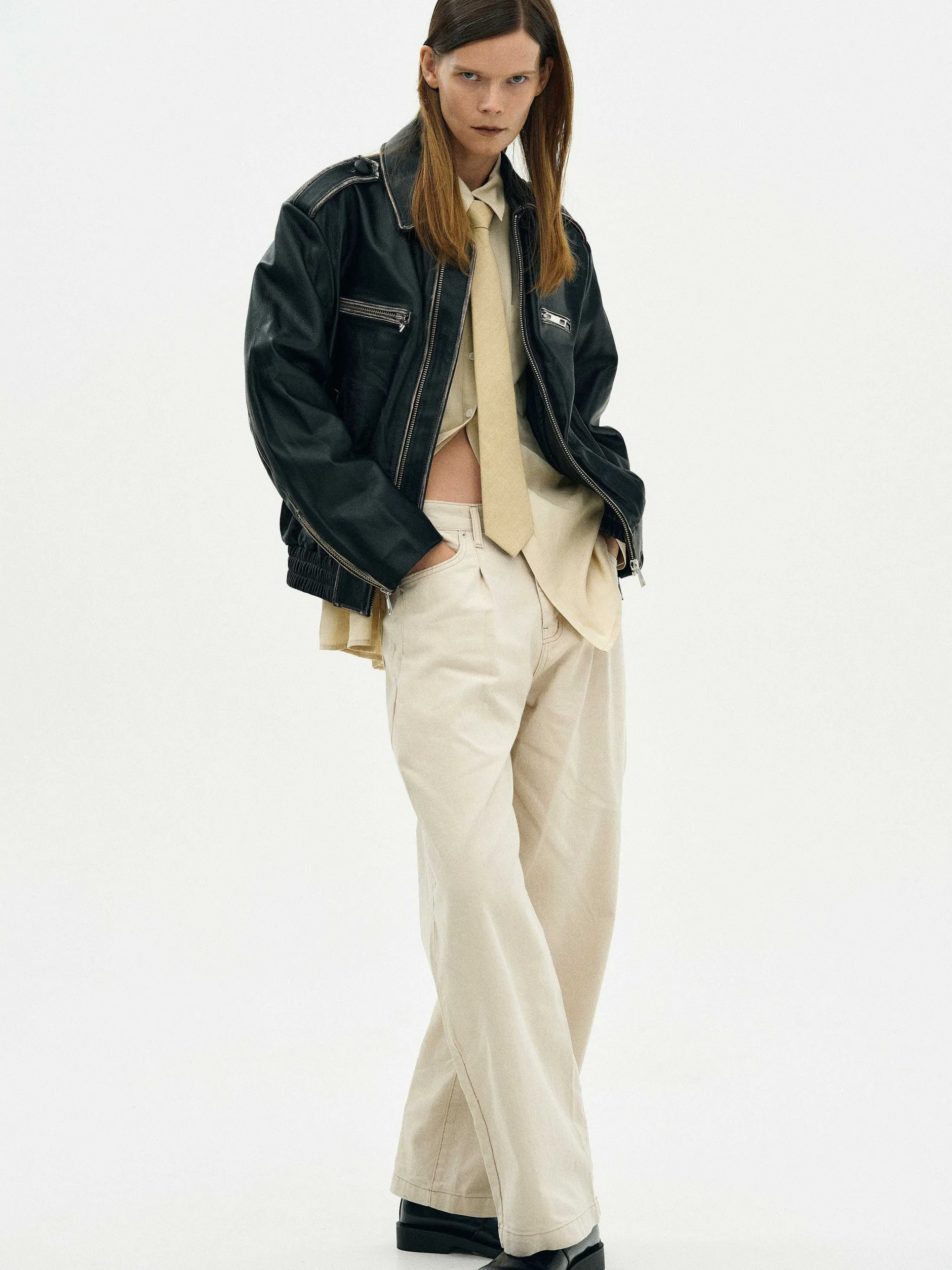 Clothing-Source Unknown Faded Leather Jacket, Black