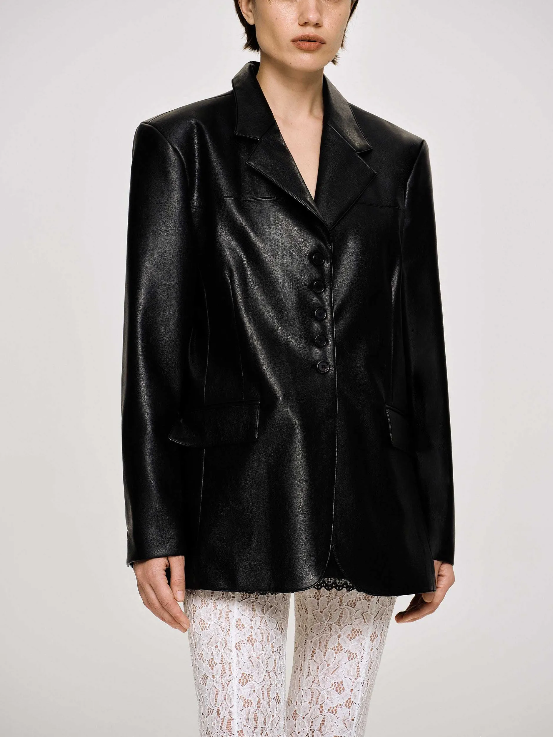 Clothing-Source Unknown Faux Leather Button Jacket, Black