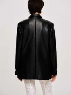 Clothing-Source Unknown Faux Leather Button Jacket, Black
