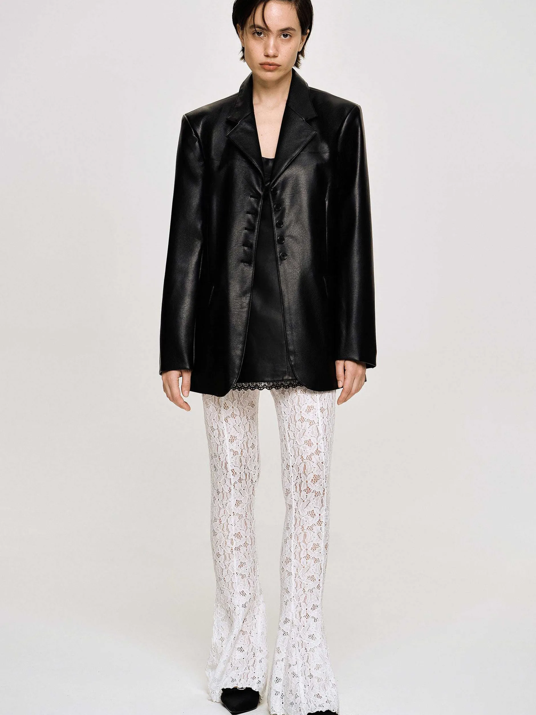 Clothing-Source Unknown Faux Leather Button Jacket, Black