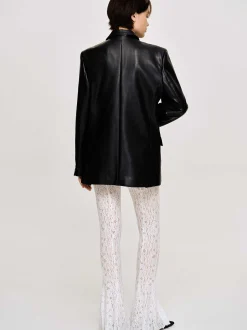 Clothing-Source Unknown Faux Leather Button Jacket, Black