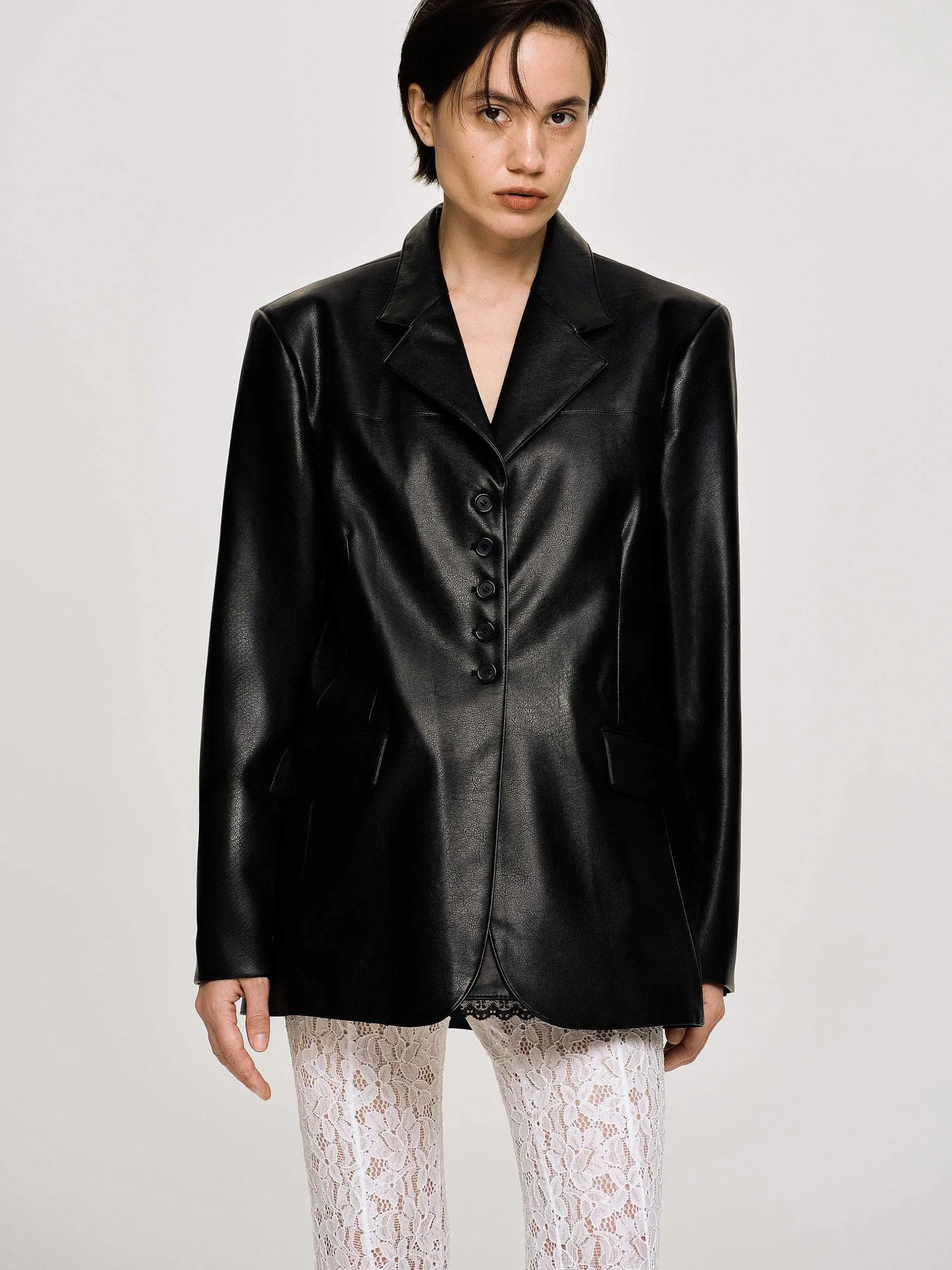 Clothing-Source Unknown Faux Leather Button Jacket, Black