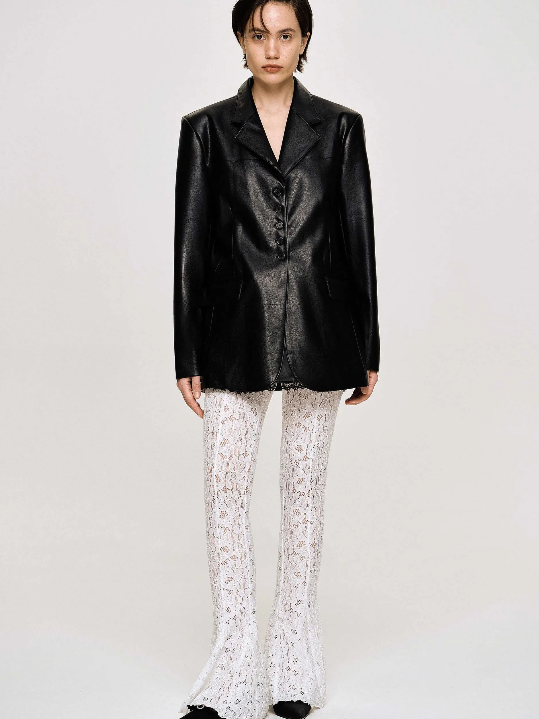 Clothing-Source Unknown Faux Leather Button Jacket, Black