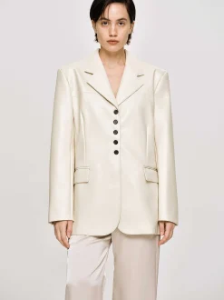 Outerwear-Source Unknown Faux Leather Button Jacket, Warm Beige