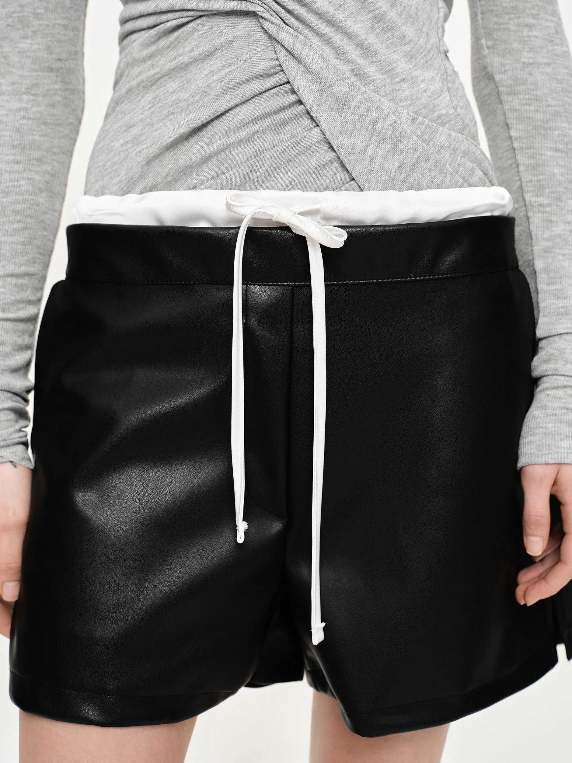 Clothing-Source Unknown Faux Leather Layered Shorts, Black