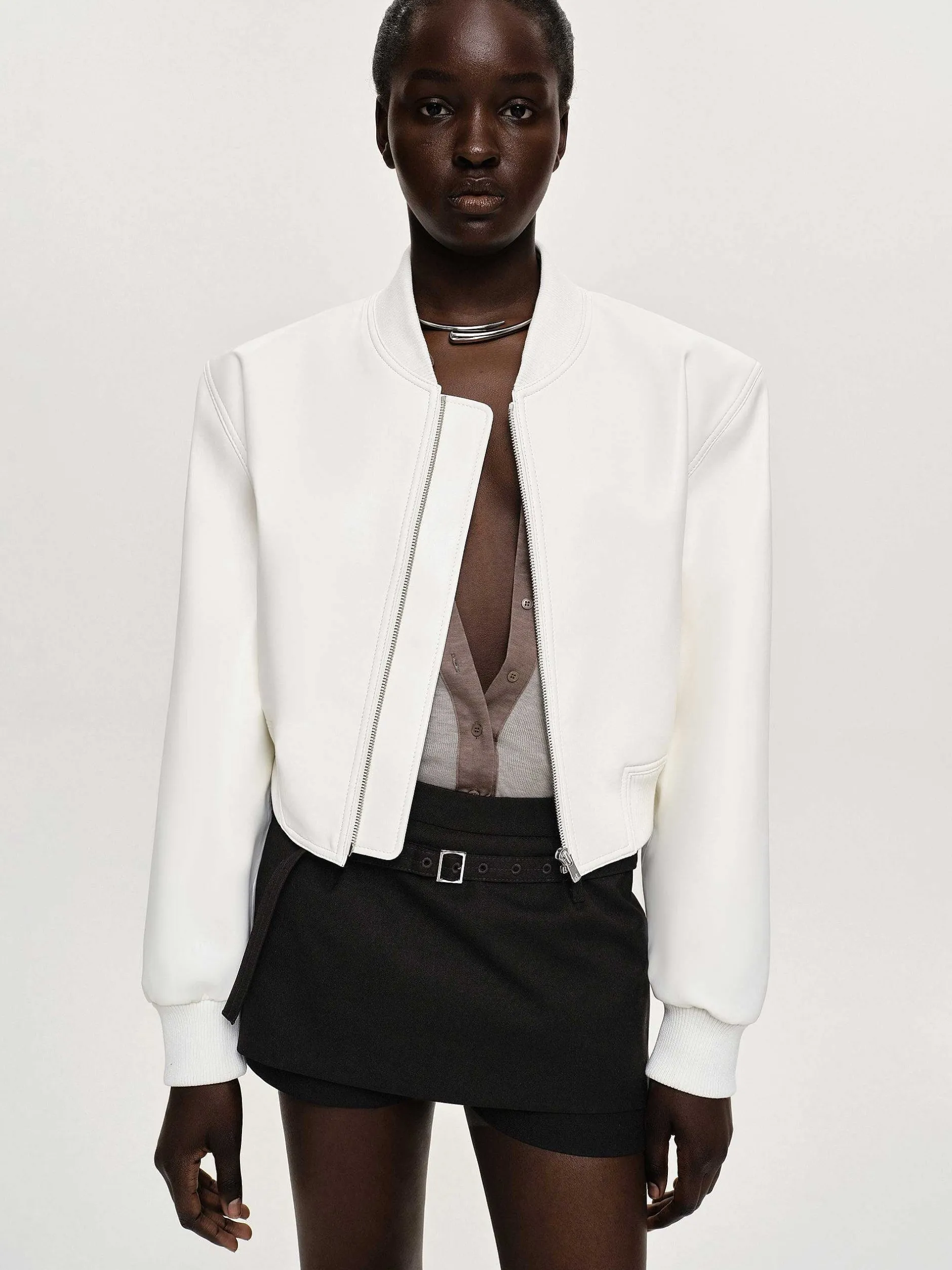 Clothing-Source Unknown Faux-Leather Bomber Jacket, White