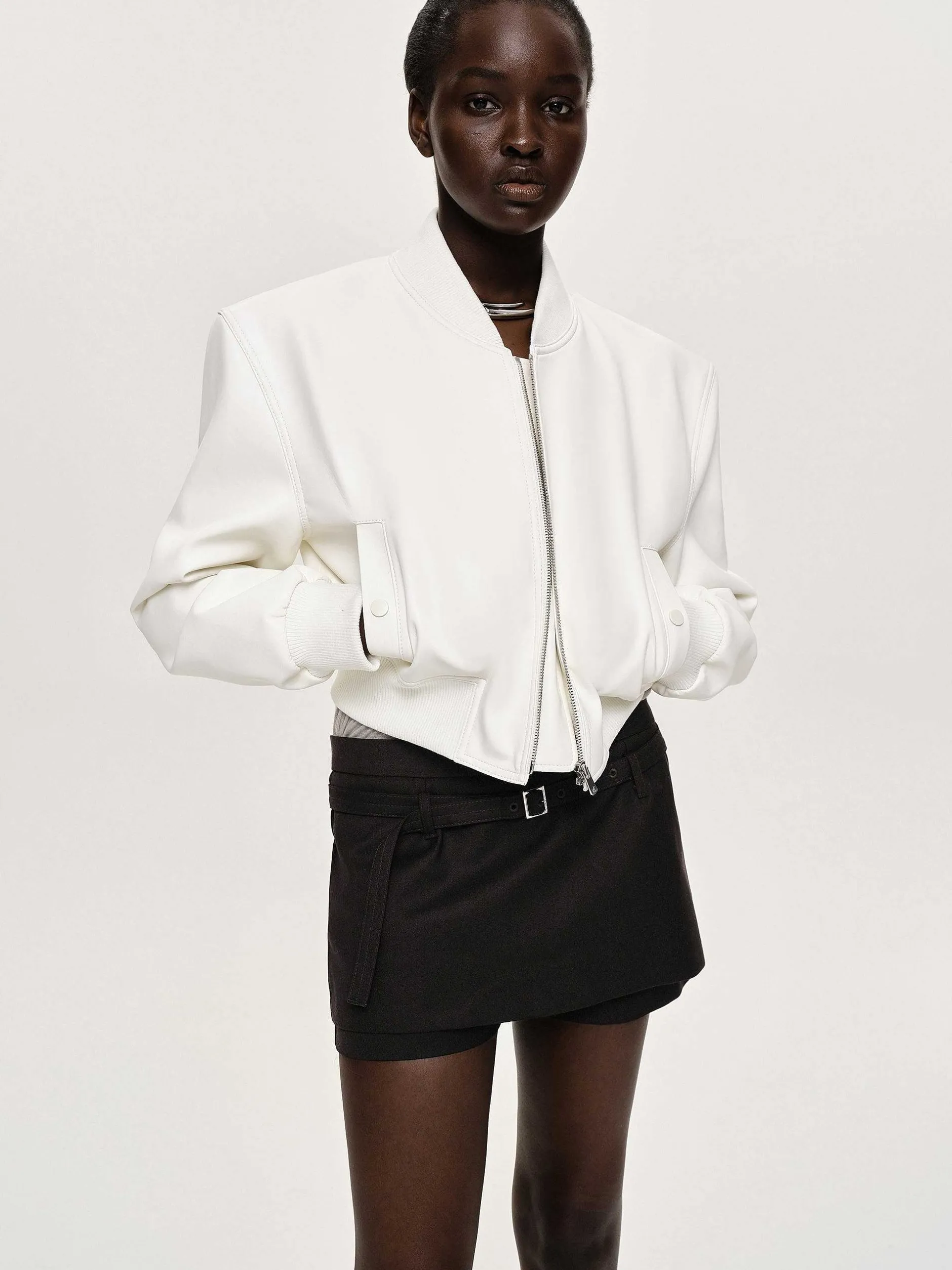 Clothing-Source Unknown Faux-Leather Bomber Jacket, White