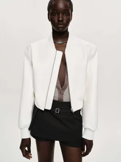 Outerwear-Source Unknown Faux-Leather Bomber Jacket, White