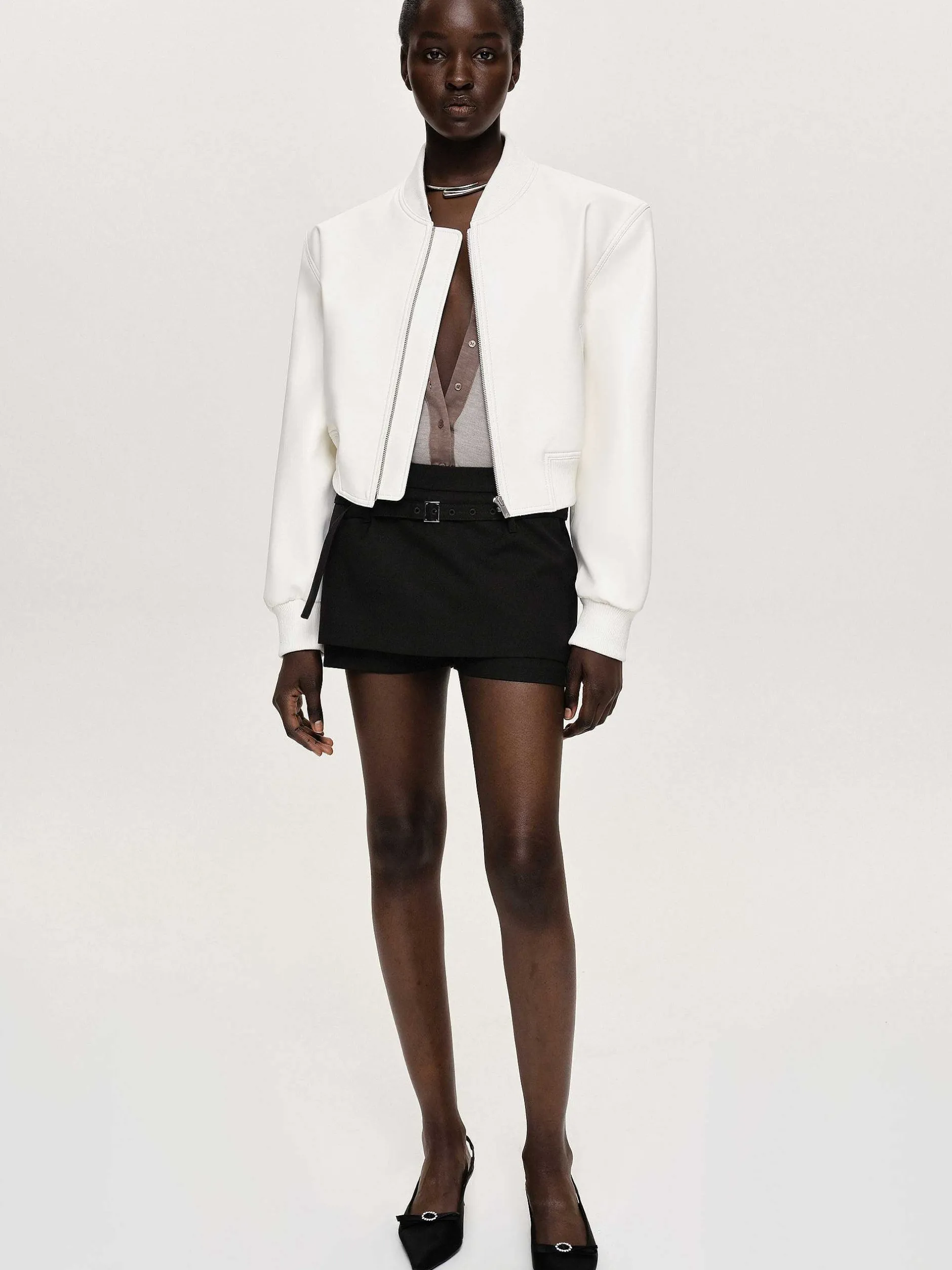 Outerwear-Source Unknown Faux-Leather Bomber Jacket, White