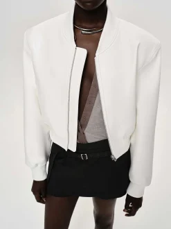 Outerwear-Source Unknown Faux-Leather Bomber Jacket, White