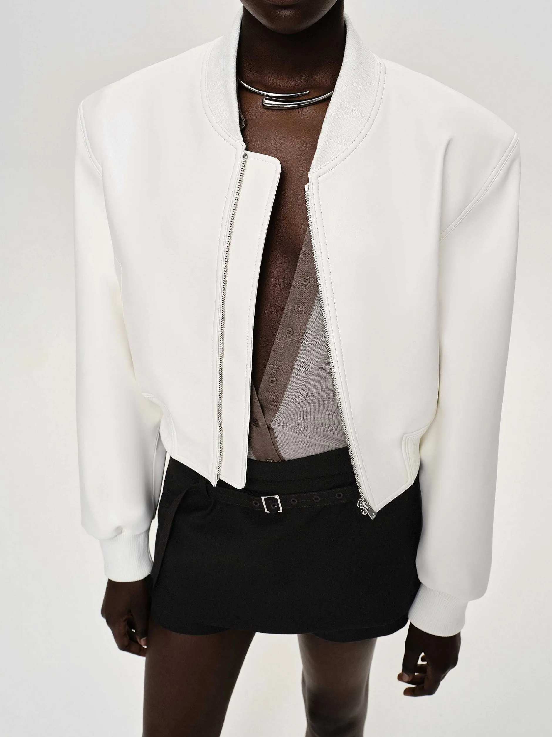Outerwear-Source Unknown Faux-Leather Bomber Jacket, White