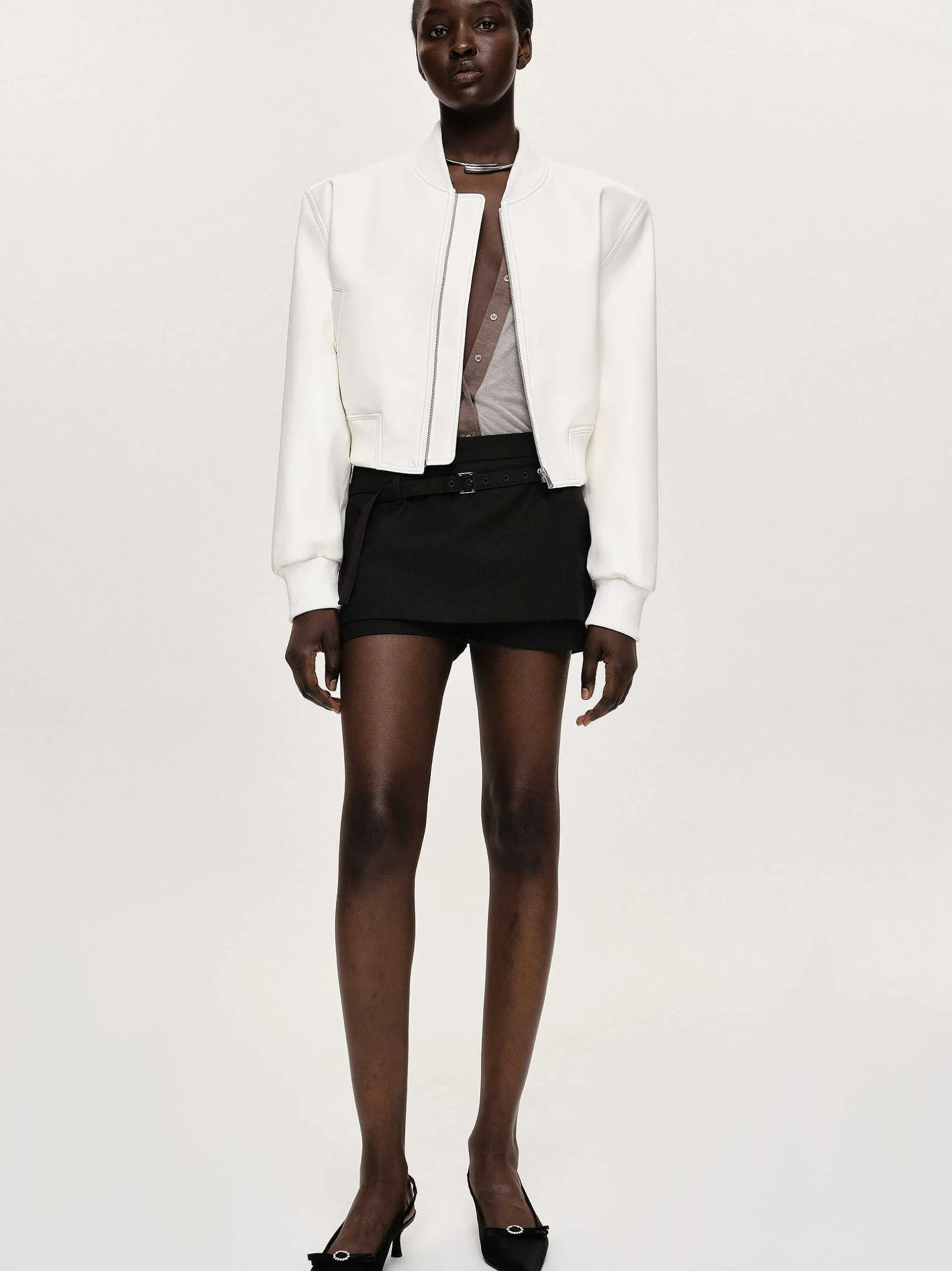 Outerwear-Source Unknown Faux-Leather Bomber Jacket, White