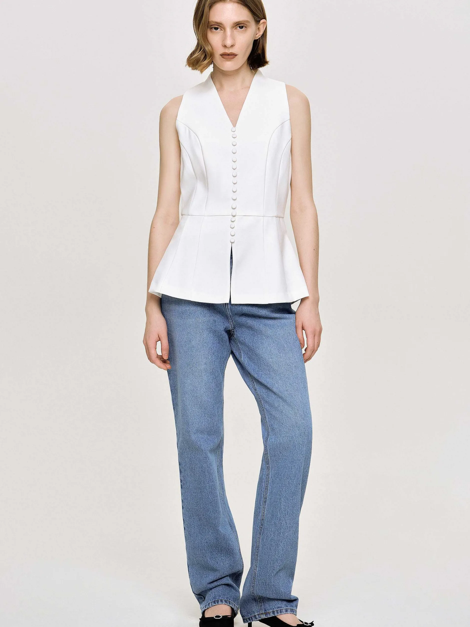 Clothing-Source Unknown Flared Button Vest, White