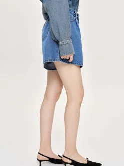 Denim-Source Unknown Flared Denim Shorts, Medium Blue