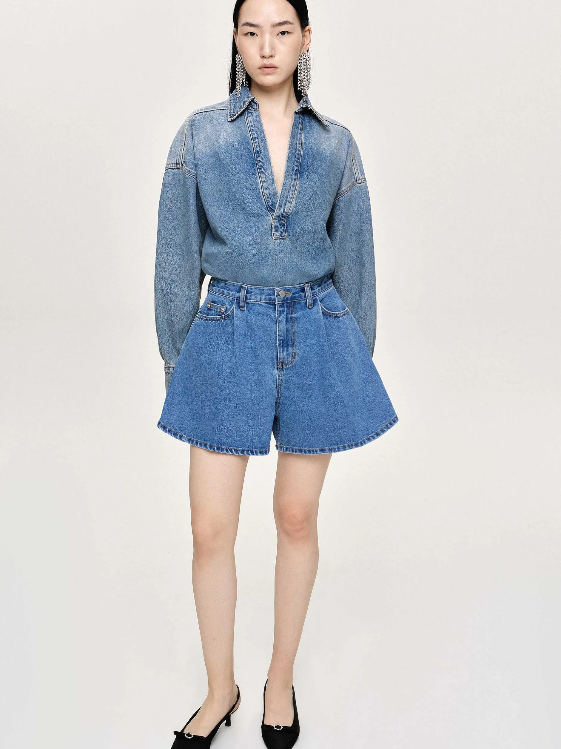 Denim-Source Unknown Flared Denim Shorts, Medium Blue