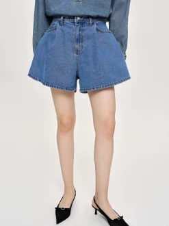 Denim-Source Unknown Flared Denim Shorts, Medium Blue