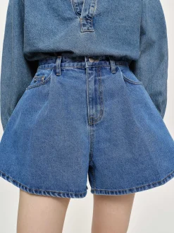 Denim-Source Unknown Flared Denim Shorts, Medium Blue