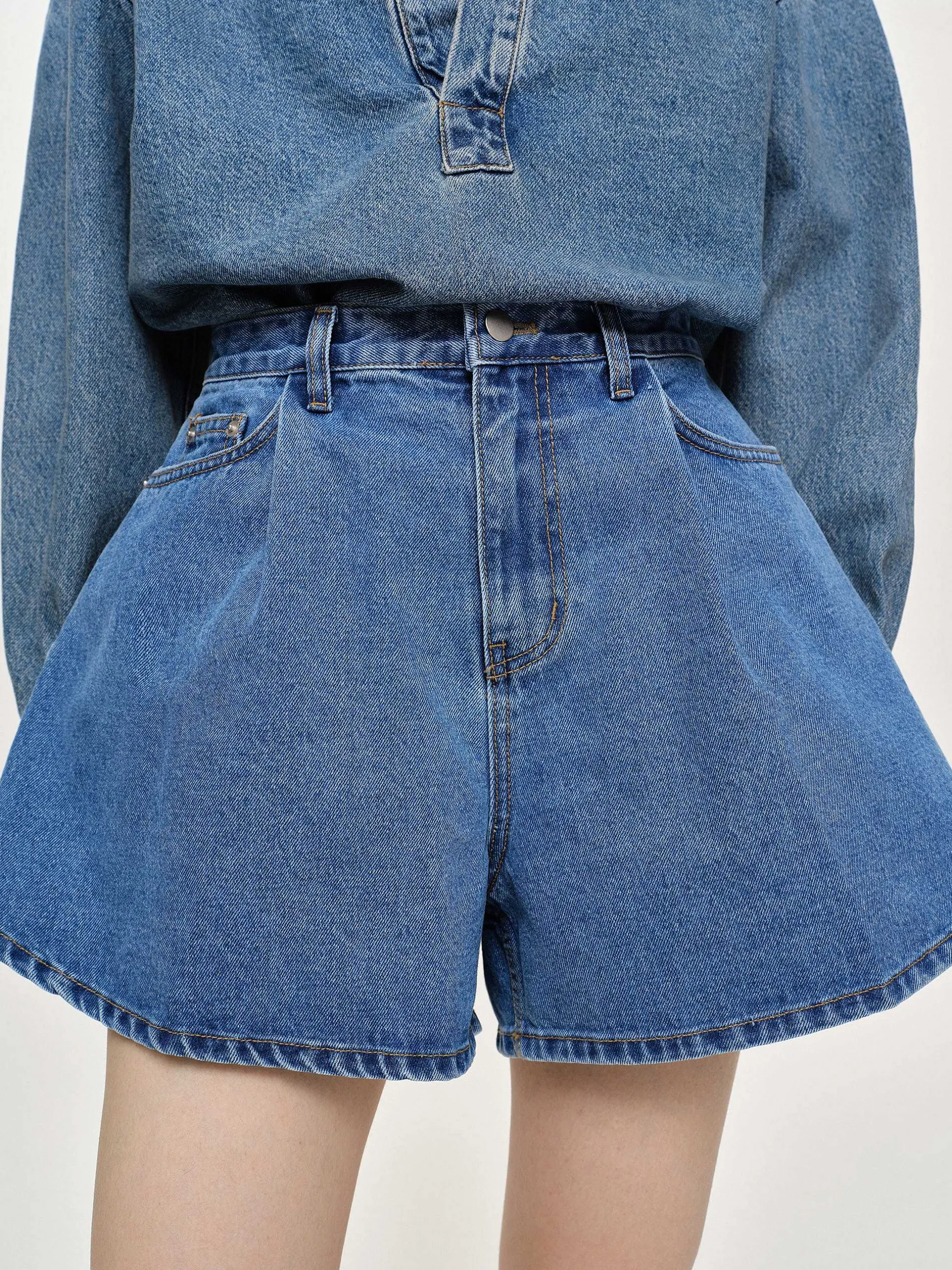 Denim-Source Unknown Flared Denim Shorts, Medium Blue