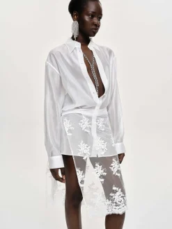 Bottoms-Source Unknown Flora-Applique Wrap Skirt, White
