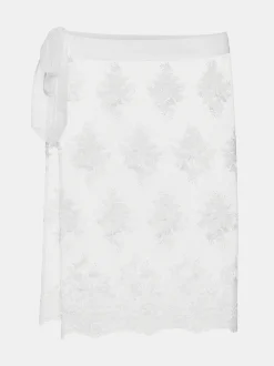 Bottoms-Source Unknown Flora-Applique Wrap Skirt, White
