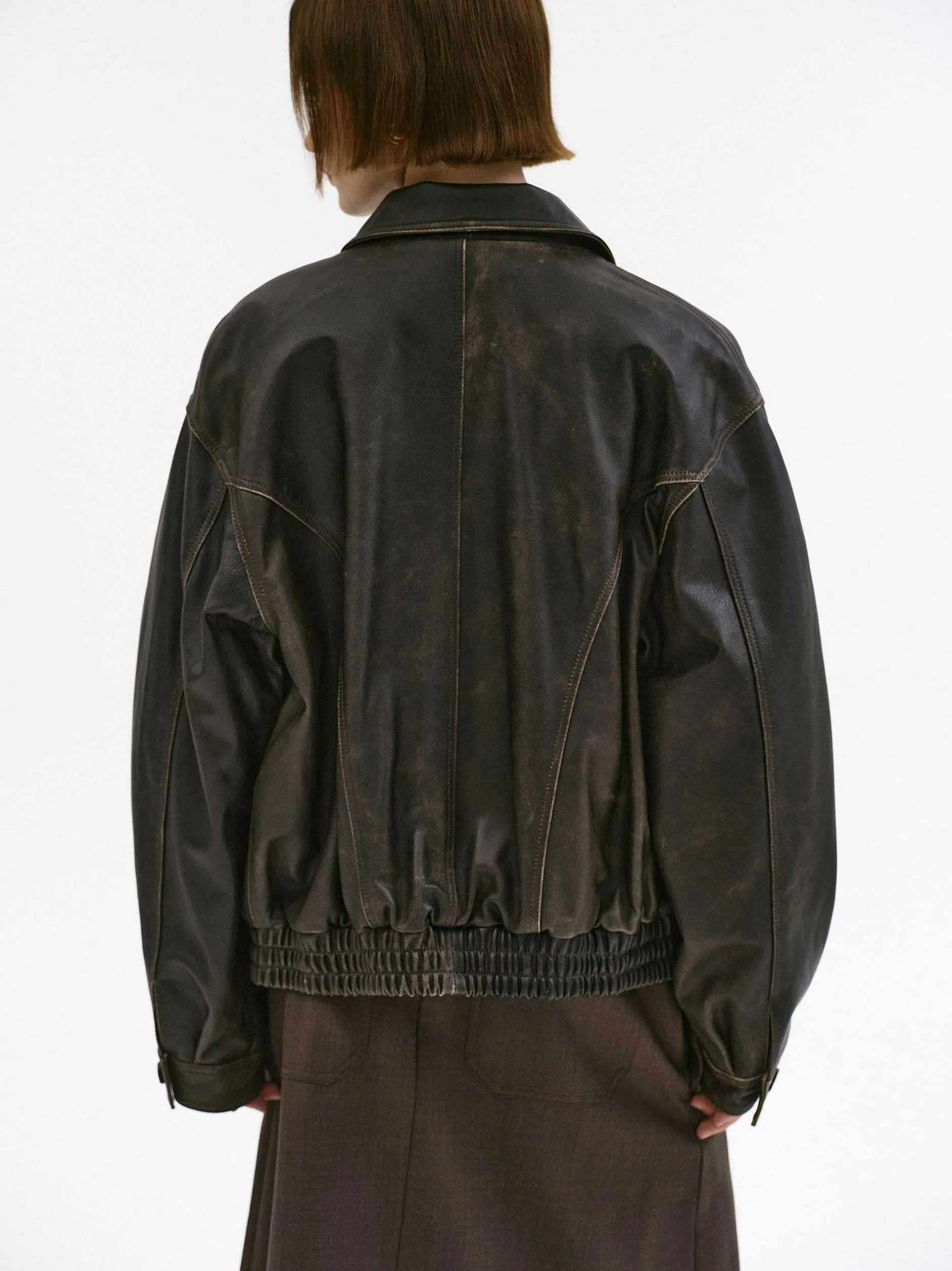Accessories-Source Unknown Geva Faded Lambskin Bomber Jacket, Brown
