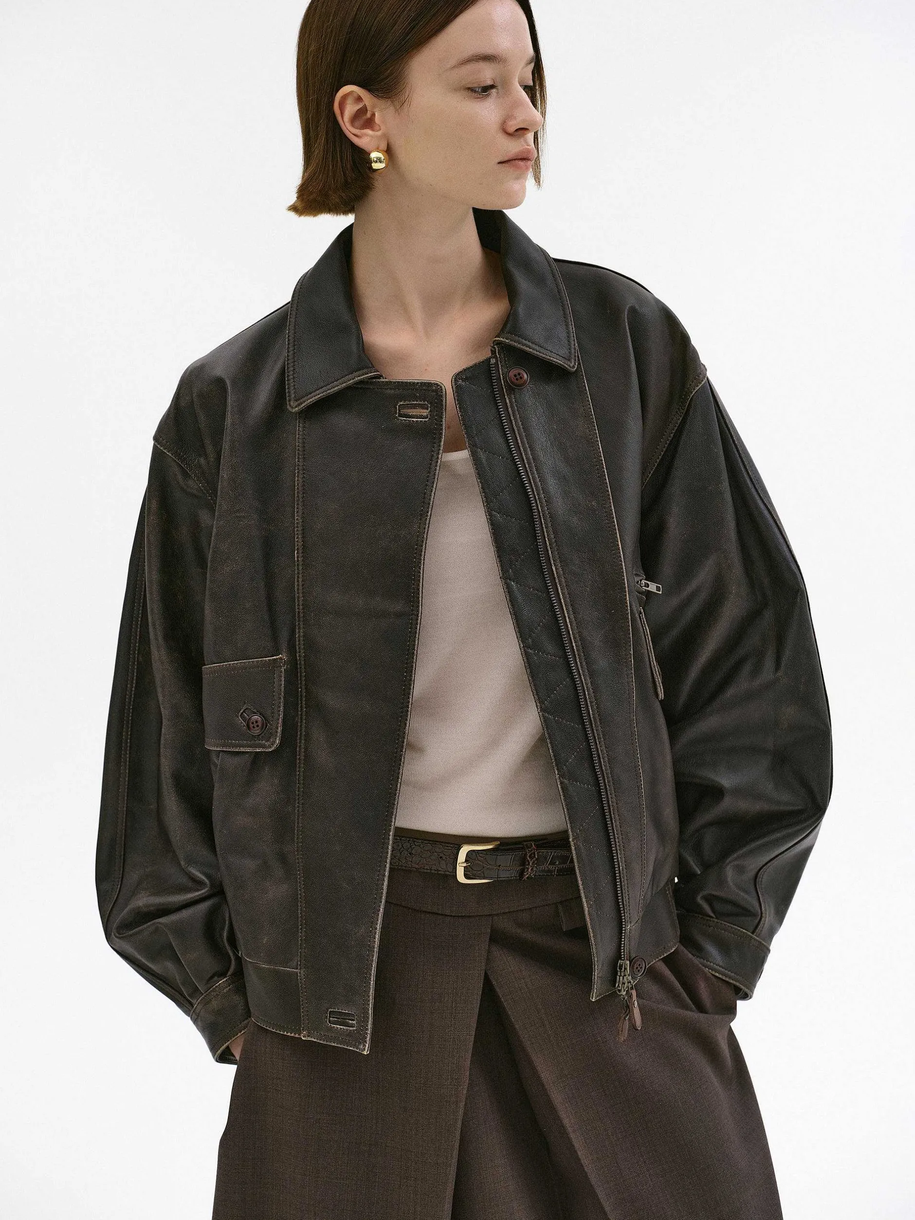 Accessories-Source Unknown Geva Faded Lambskin Bomber Jacket, Brown