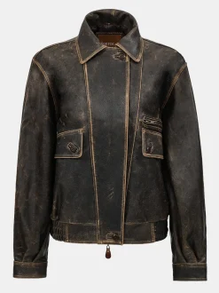 Accessories-Source Unknown Geva Faded Lambskin Bomber Jacket, Brown