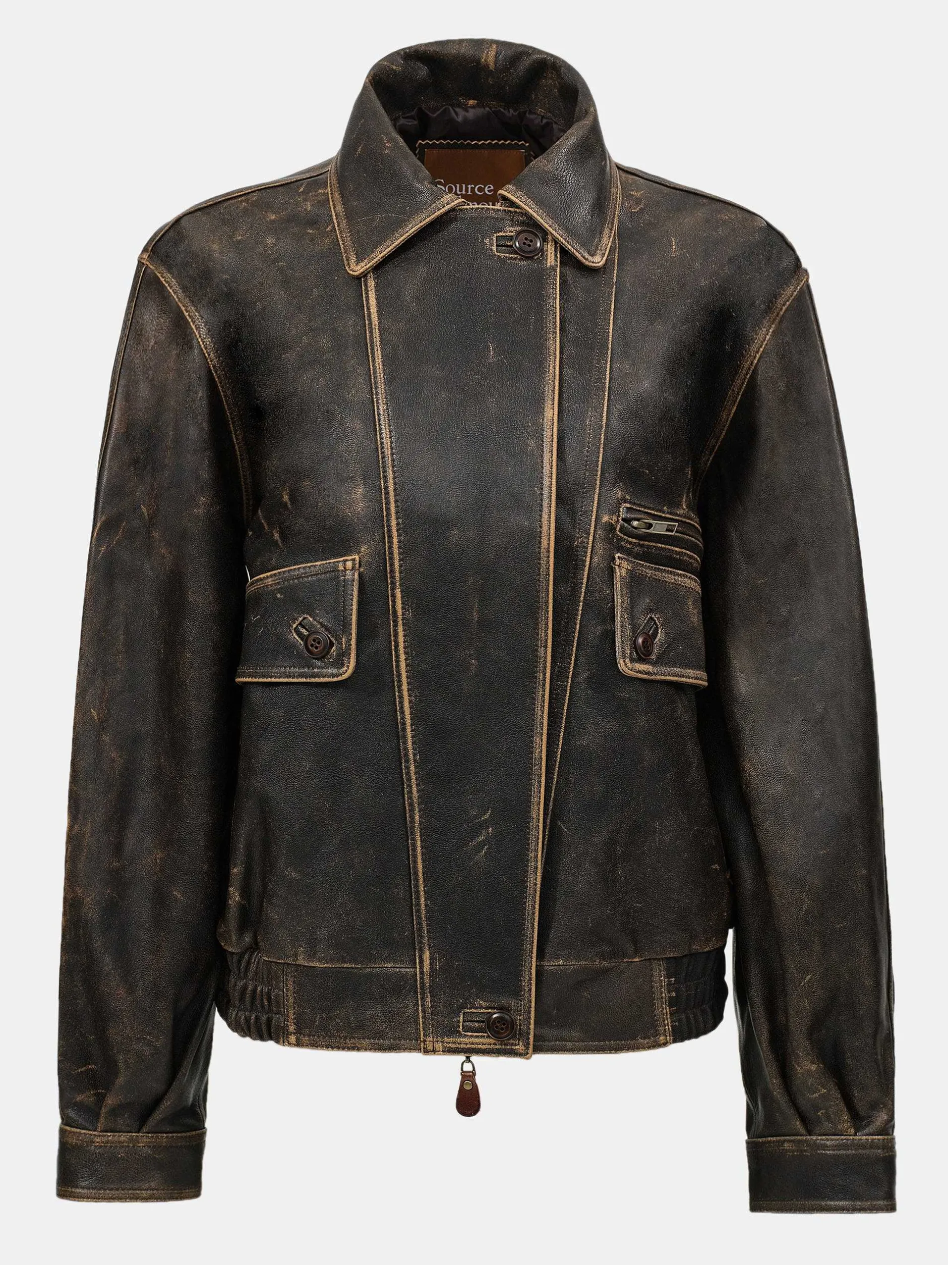 Accessories-Source Unknown Geva Faded Lambskin Bomber Jacket, Brown