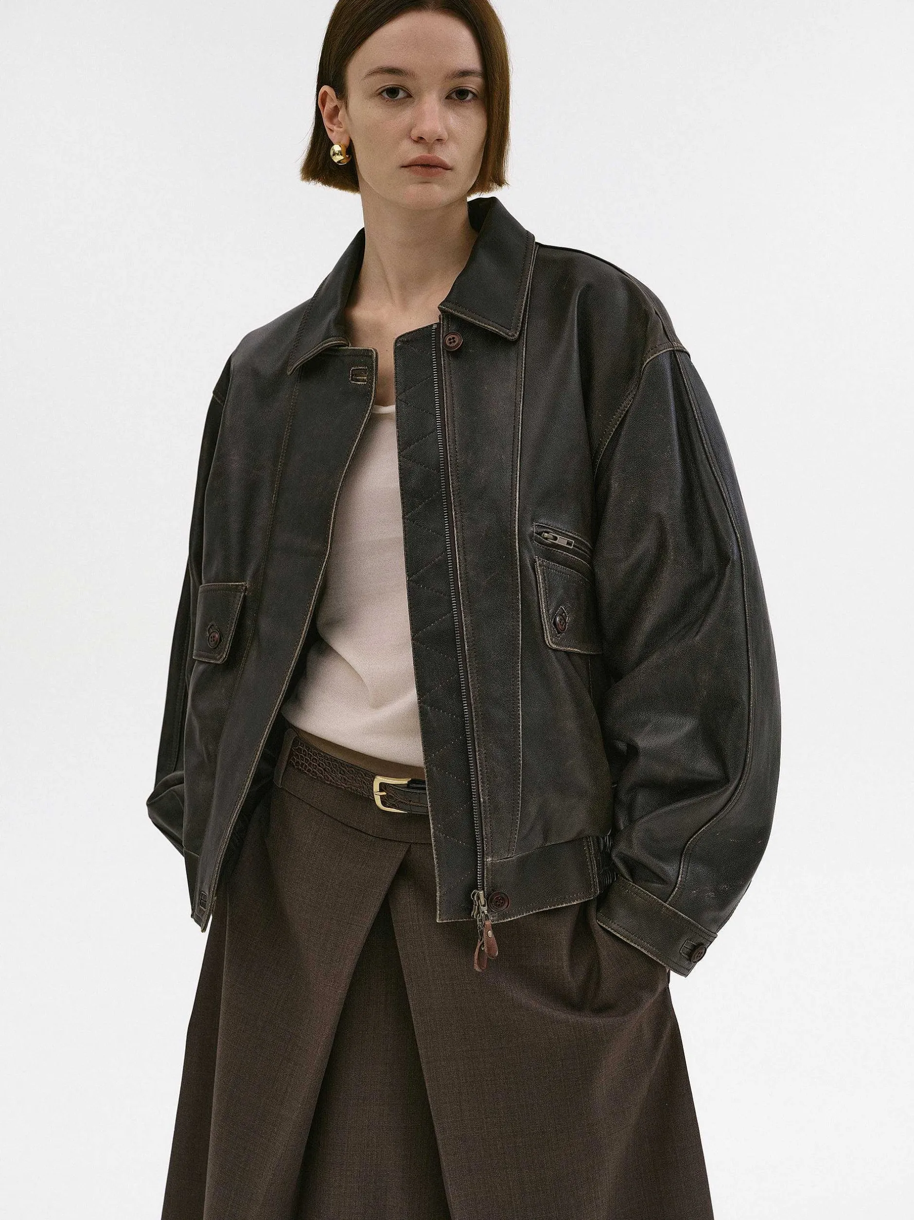 Accessories-Source Unknown Geva Faded Lambskin Bomber Jacket, Brown