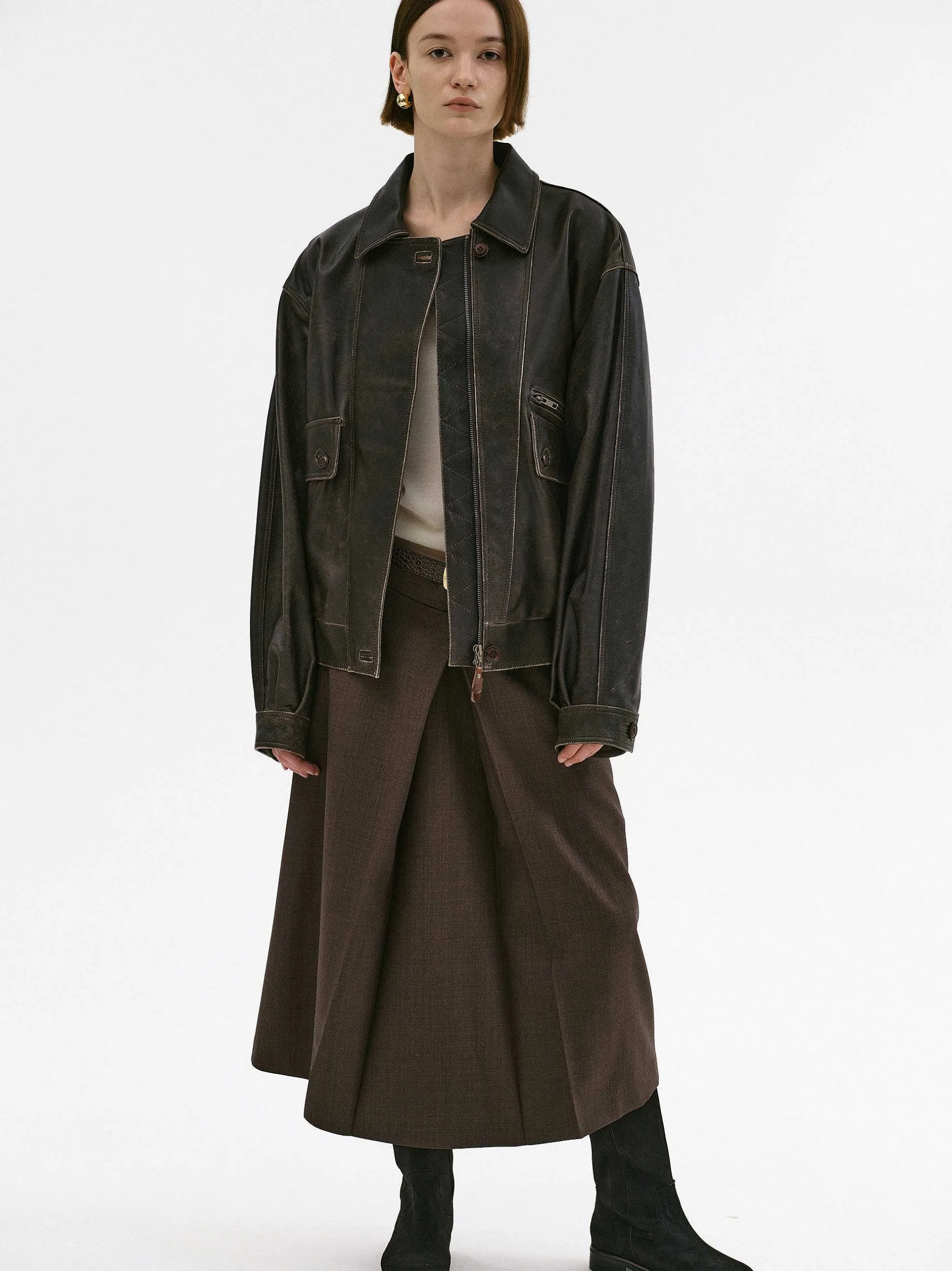 Accessories-Source Unknown Geva Faded Lambskin Bomber Jacket, Brown