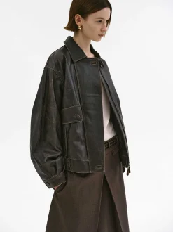 Accessories-Source Unknown Geva Faded Lambskin Bomber Jacket, Brown