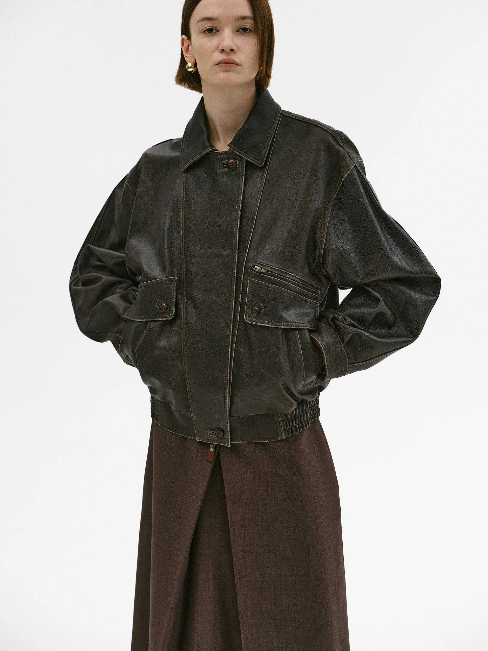Accessories-Source Unknown Geva Faded Lambskin Bomber Jacket, Brown