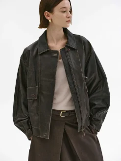 Accessories-Source Unknown Geva Faded Lambskin Bomber Jacket, Brown