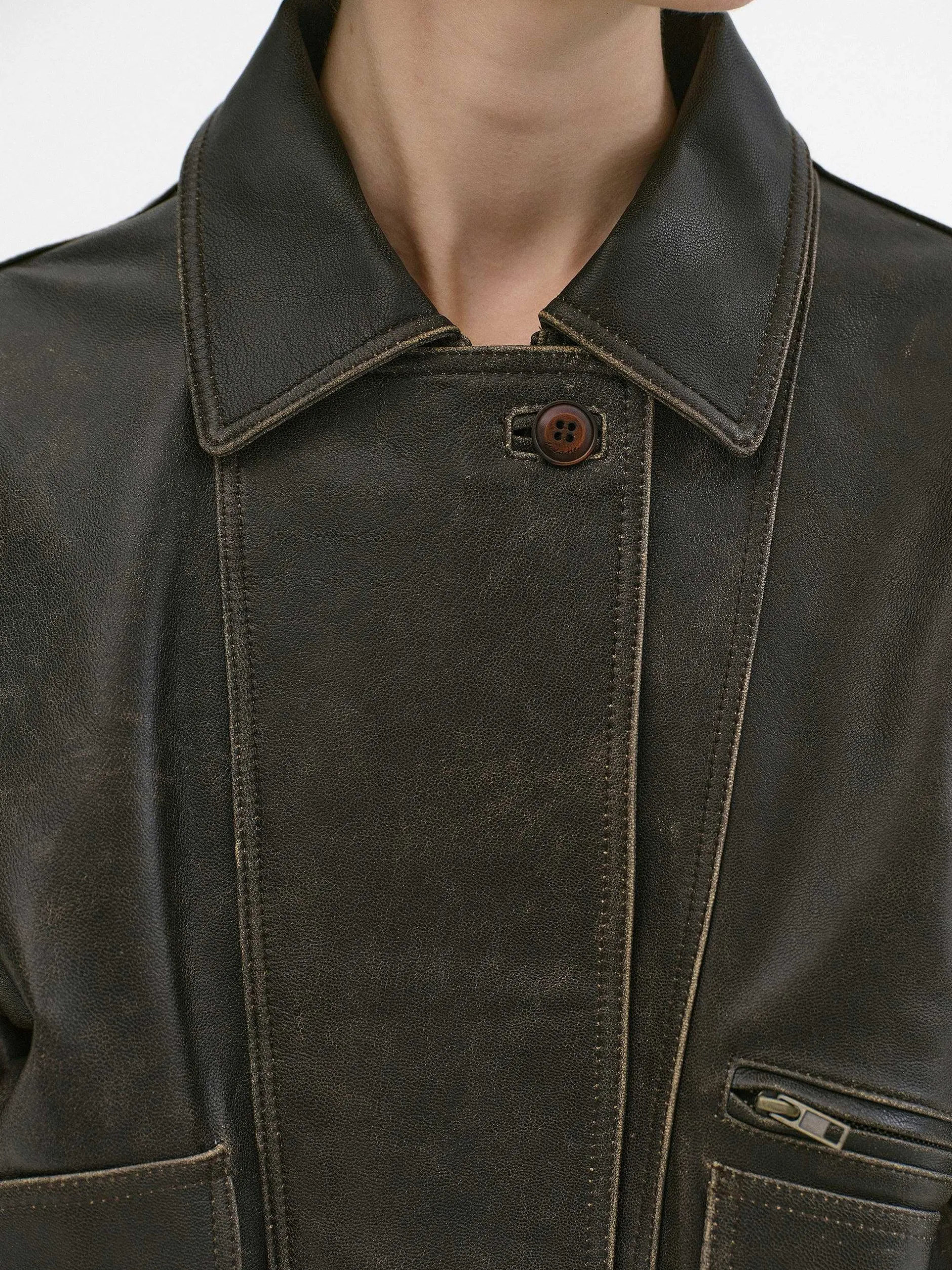 Accessories-Source Unknown Geva Faded Lambskin Bomber Jacket, Brown