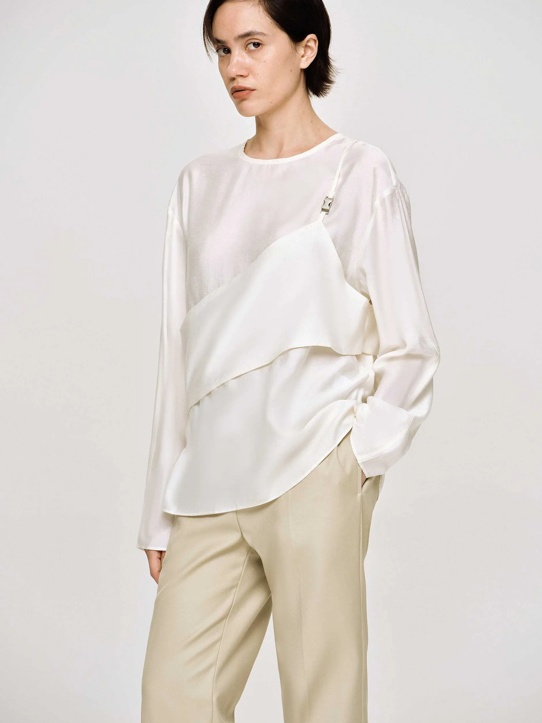 Tops-Source Unknown Layered Bustier Blouse, Ivory