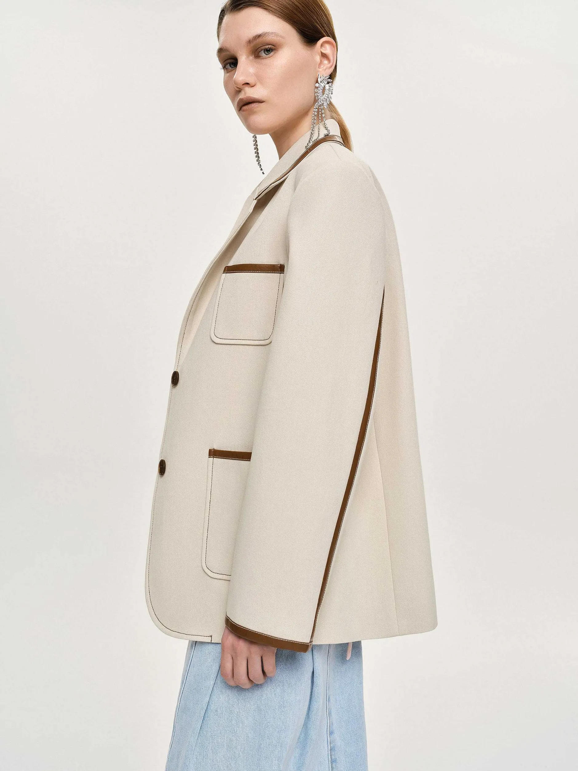 Outerwear-Source Unknown Leather-Trimmed Blazer, Canvas