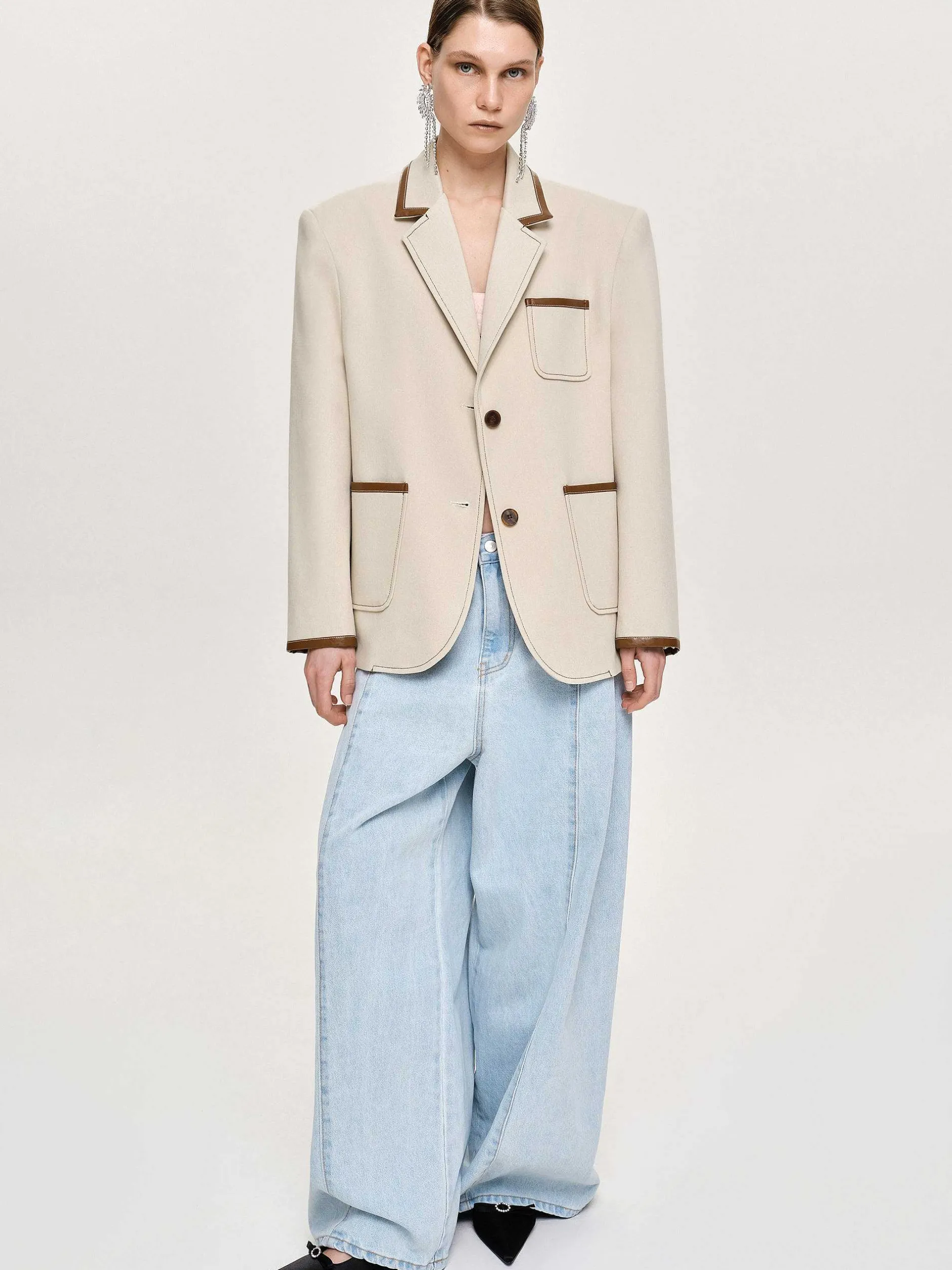 Outerwear-Source Unknown Leather-Trimmed Blazer, Canvas