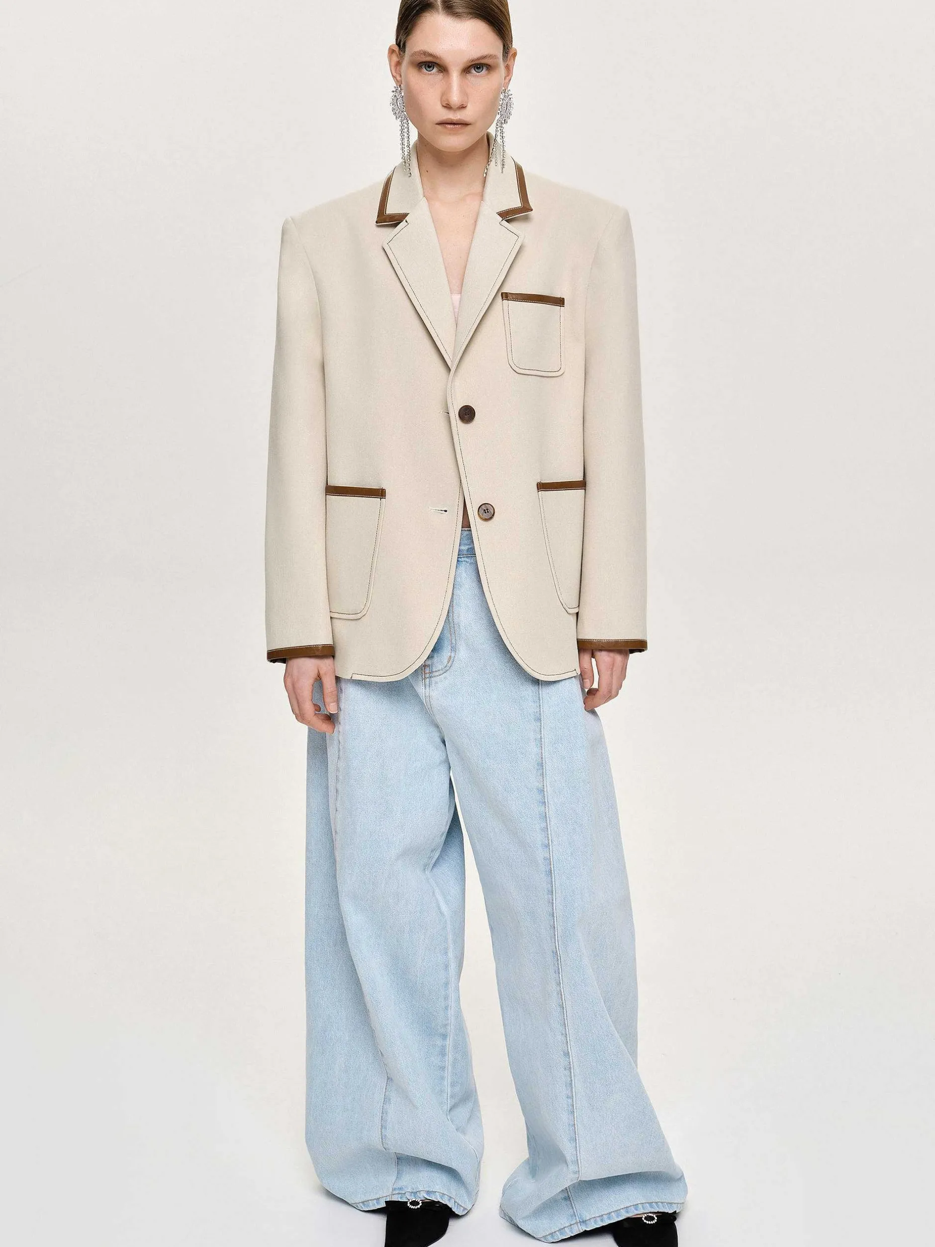 Outerwear-Source Unknown Leather-Trimmed Blazer, Canvas